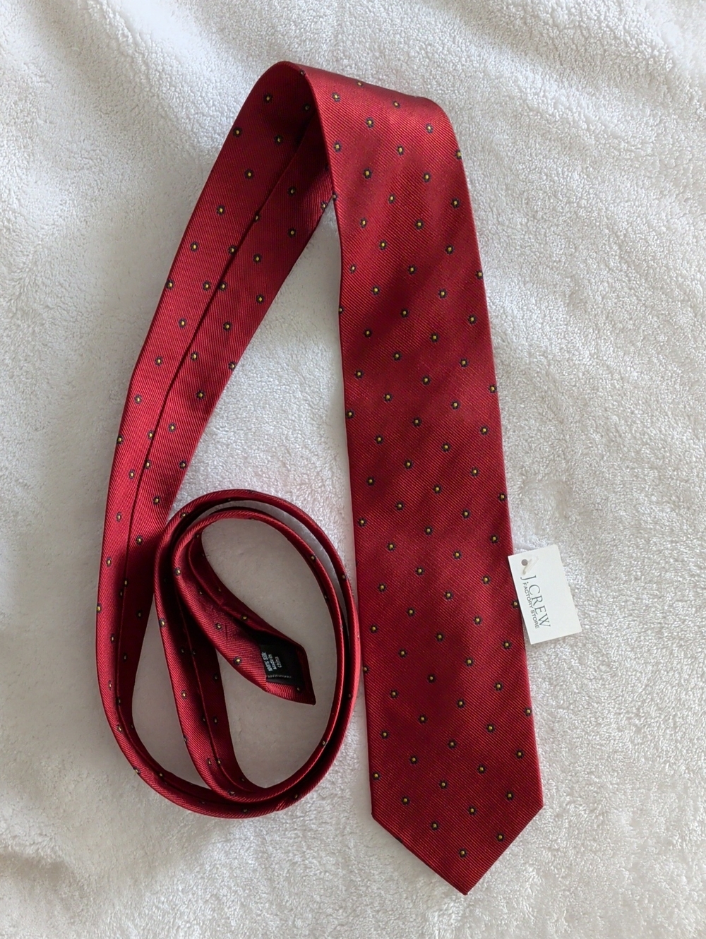 J. Crew Red/Orange Silk Tie with Gold-Centered Navy Dots/Flowers